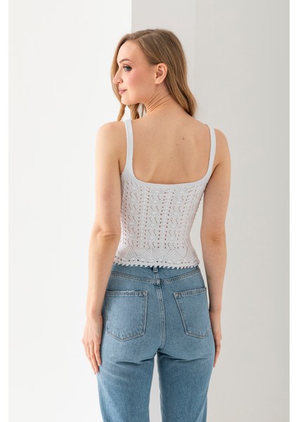 Ponpon Desenli Askılı Crop Top, Body, Şık Rahat V Yaka Fitilli Kolsuz T-Shirt Krop, Askılı Krop, Top