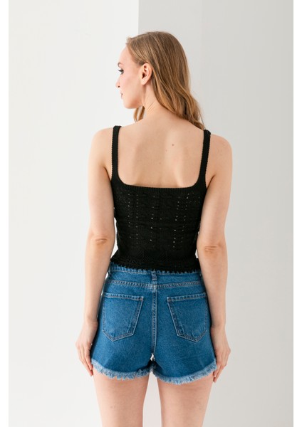 Ponpon Desenli Askılı Crop Top, Body, Şık Rahat V Yaka Fitilli Kolsuz T-Shirt Krop, Askılı Krop, Top