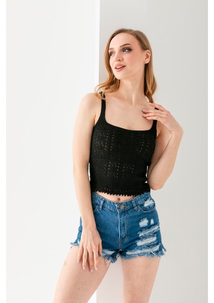 Ponpon Desenli Askılı Crop Top, Body, Şık Rahat V Yaka Fitilli Kolsuz T-Shirt Krop, Askılı Krop, Top