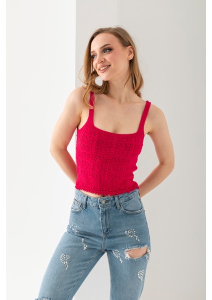 Ponpon Desenli Askılı Crop Top, Body, Şık Rahat V Yaka Fitilli Kolsuz T-Shirt Krop, Askılı Krop, Top