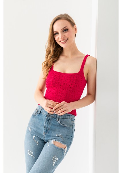 Ponpon Desenli Askılı Crop Top, Body, Şık Rahat V Yaka Fitilli Kolsuz T-Shirt Krop, Askılı Krop, Top