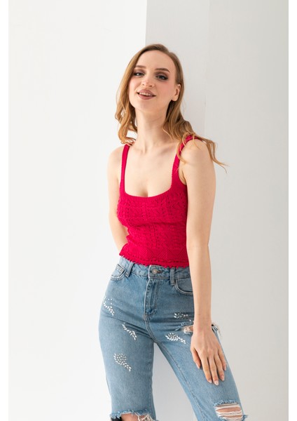 Ponpon Desenli Askılı Crop Top, Body, Şık Rahat V Yaka Fitilli Kolsuz T-Shirt Krop, Askılı Krop, Top
