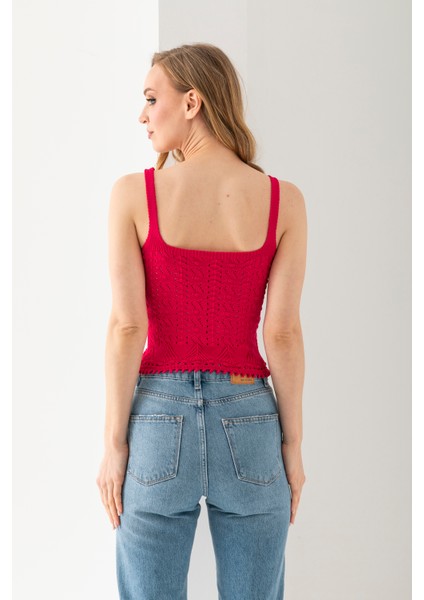Ponpon Desenli Askılı Crop Top, Body, Şık Rahat V Yaka Fitilli Kolsuz T-Shirt Krop, Askılı Krop, Top