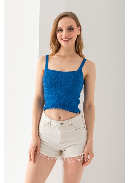 Ponpon Desenli Askılı Crop Top, Body, Şık Rahat V Yaka Fitilli Kolsuz T-Shirt Krop, Askılı Krop, Top