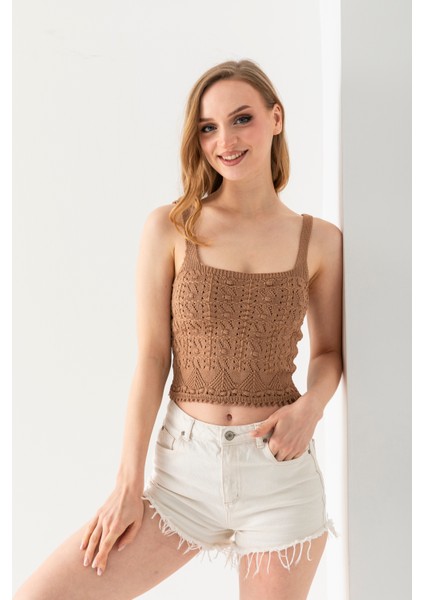 Ponpon Desenli Askılı Crop Top, Body, Şık Rahat V Yaka Fitilli Kolsuz T-Shirt Krop, Askılı Krop, Top