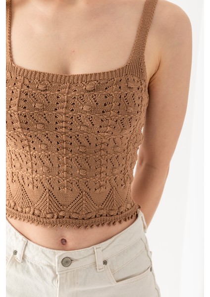 Ponpon Desenli Askılı Crop Top, Body, Şık Rahat V Yaka Fitilli Kolsuz T-Shirt Krop, Askılı Krop, Top