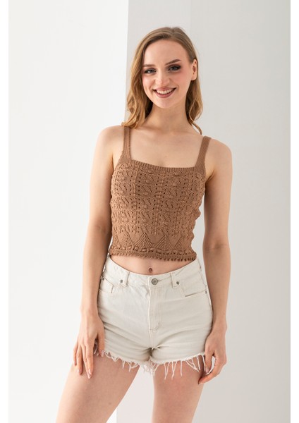 Ponpon Desenli Askılı Crop Top, Body, Şık Rahat V Yaka Fitilli Kolsuz T-Shirt Krop, Askılı Krop, Top