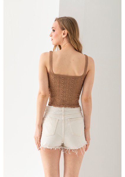 Ponpon Desenli Askılı Crop Top, Body, Şık Rahat V Yaka Fitilli Kolsuz T-Shirt Krop, Askılı Krop, Top
