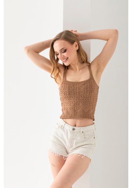 Ponpon Desenli Askılı Crop Top, Body, Şık Rahat V Yaka Fitilli Kolsuz T-Shirt Krop, Askılı Krop, Top