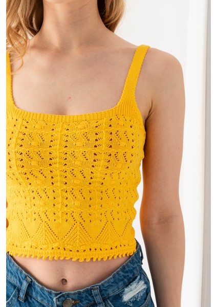 Ponpon Desenli Askılı Crop Top, Body, Şık Rahat V Yaka Fitilli Kolsuz T-Shirt Krop, Askılı Krop, Top