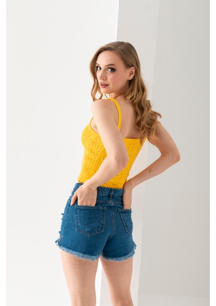Ponpon Desenli Askılı Crop Top, Body, Şık Rahat V Yaka Fitilli Kolsuz T-Shirt Krop, Askılı Krop, Top