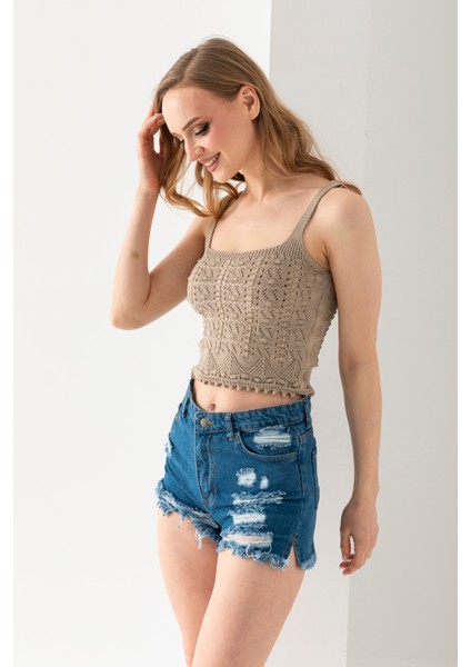 Ponpon Desenli Askılı Crop Top, Body, Şık Rahat V Yaka Fitilli Kolsuz T-Shirt Krop, Askılı Krop, Top