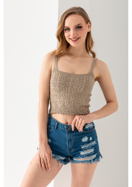 Ponpon Desenli Askılı Crop Top, Body, Şık Rahat V Yaka Fitilli Kolsuz T-Shirt Krop, Askılı Krop, Top