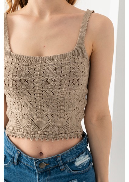 Ponpon Desenli Askılı Crop Top, Body, Şık Rahat V Yaka Fitilli Kolsuz T-Shirt Krop, Askılı Krop, Top