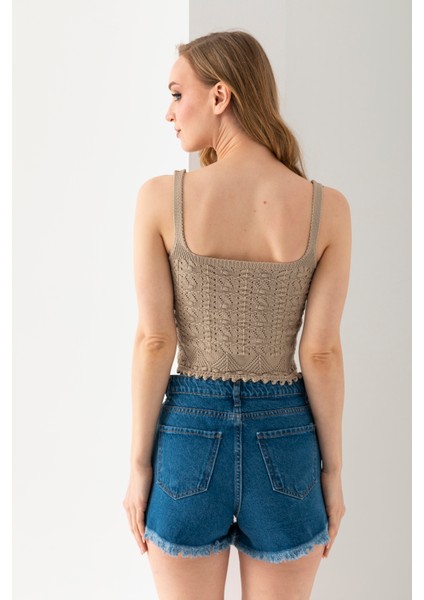 Ponpon Desenli Askılı Crop Top, Body, Şık Rahat V Yaka Fitilli Kolsuz T-Shirt Krop, Askılı Krop, Top