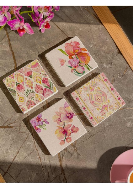 Çiçek Desenli Doğal Taş Bardak Altlığı, Vintage ve Estetik Tasarım, 4’lü Set