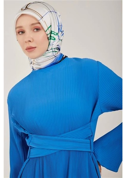 Beli Çapraz Kemerli Piliseli Elbise 23Y9663 Kobalt