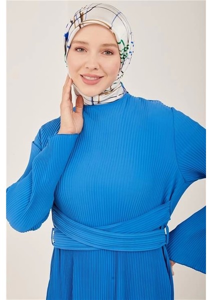 Beli Çapraz Kemerli Piliseli Elbise 23Y9663 Kobalt