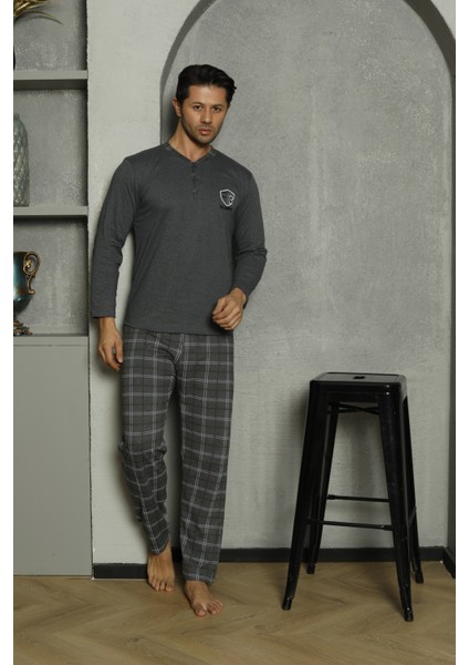 Erkek Penye Füme Uzun Kollu Altı Ekoseli Pijama Takımı fiyatları
