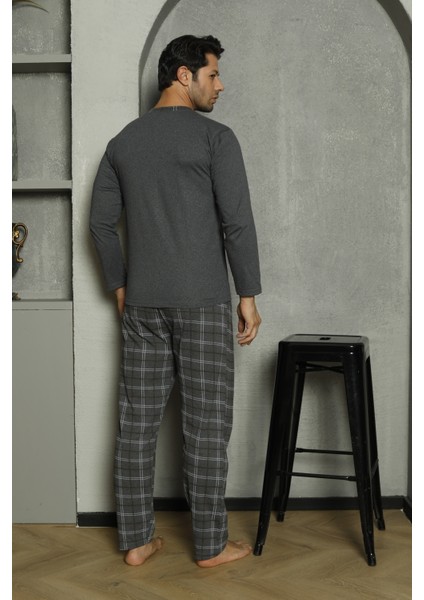 Erkek Penye Füme Uzun Kollu Altı Ekoseli Pijama Takımı modelleri
