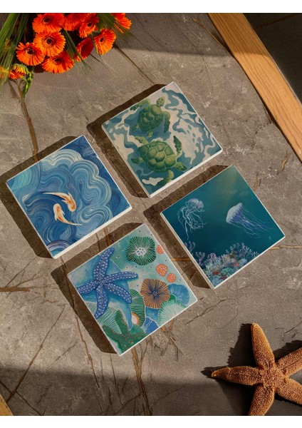 Deniz Temalı Doğal Taş Bardak Altlığı, Kaplumbağa ve Deniz Yıldızı Desenli, 4’lü Set