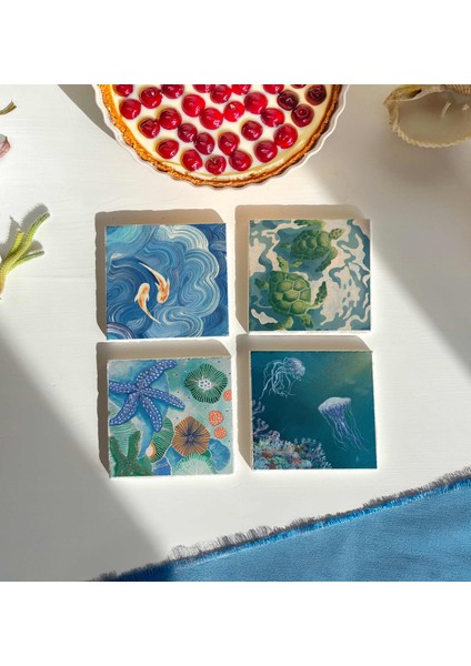 Deniz Temalı Doğal Taş Bardak Altlığı, Kaplumbağa ve Deniz Yıldızı Desenli, 4’lü Set fiyatları