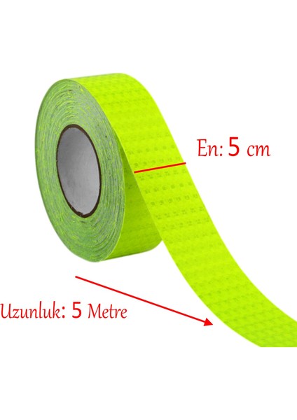 Yapışkanlı 5 Metre Florasan Şerit Bant Gece Parlayan Reflektörlü 5 cm Fosforlu Reflektif Ikaz Bandı