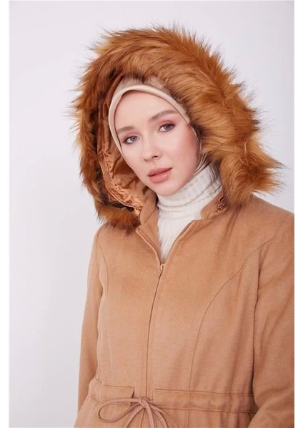 Kolları ve Kapşonu Kürklü Manto 23K8617 Camel