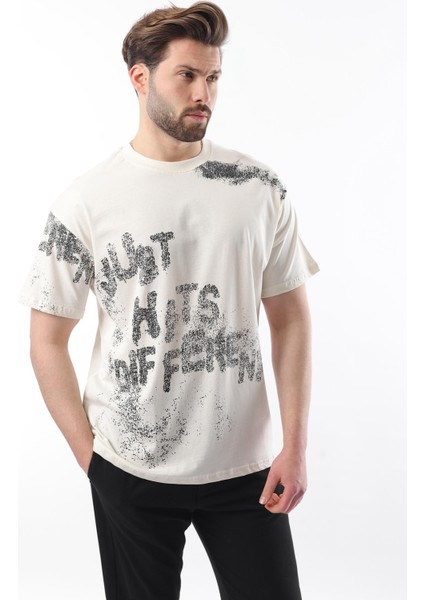 Ekru Baskılı Erkek T-Shirt E7115
