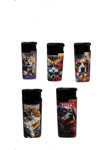 Kabartmalı Kedi ve Köpek Figürlü Rüzgarda Yanan Çakmaklar (5li Set)