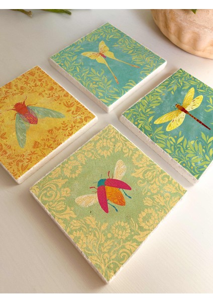 Böcek ve Çiçek Desenli Doğal Taş Bardak Altlığı, Yusufçuk ve Arı Temalı, 4’lü Set modelleri