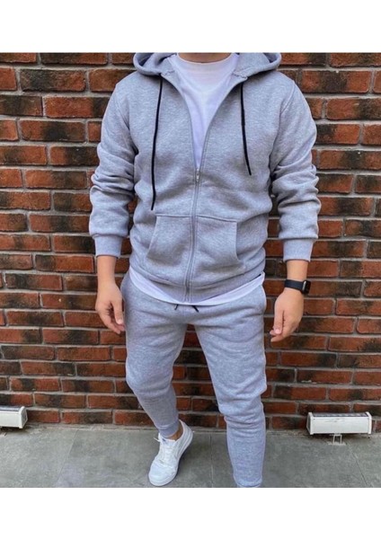Unisex Baskısız Yeni Sezon Pamuklu Kapşonlu Fermuarlı Ceket Eşofman Altı 2li Set