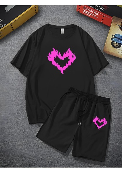 Unisex Baskılı Oversize Bol Kalıp T-Shirt Şortlu - Alt Üst Ikili Takım