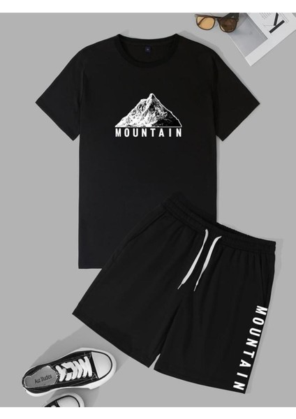 Unısex Mountaın Baskılı Tişört Şort Takımı