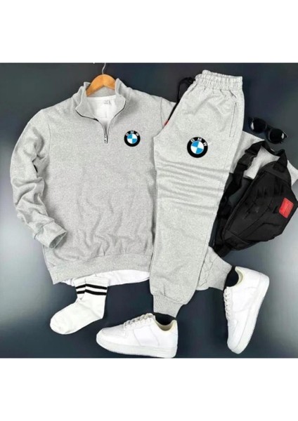Yeni Sezon Bmw Logo Baskı Yarım Fermuarlı Sweatshirt-Eşofman Altı