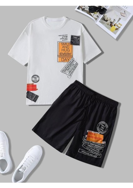 Unısex Smıle And Hug Baskılı Tişört Şort Takımı