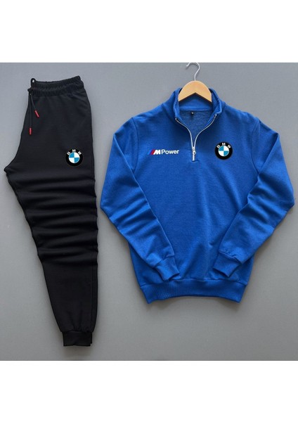 Unisex Bmw Baskılı Yarım Fermuarlı Sweatshirt Eşofman Altı Takım Bmw Baskılı