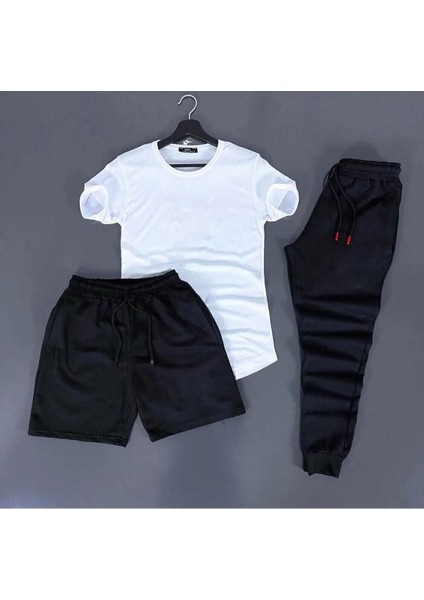 3'lü Unisex Kombin Smile Baskılı T-Shirt, Şort ve Eşorfman Kombin