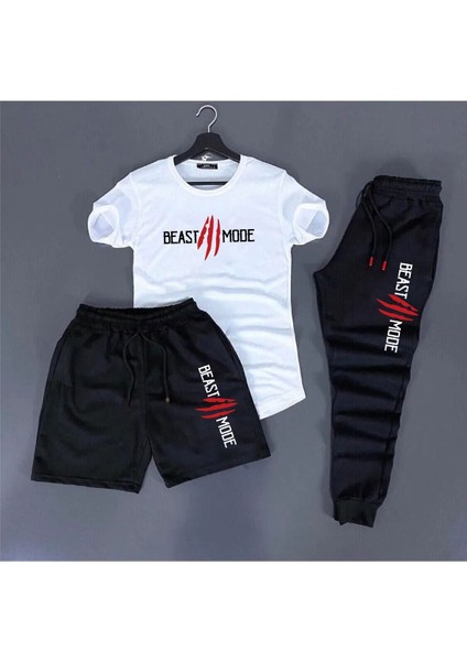 3'lü Unisex Kombin Smile Baskılı T-Shirt, Şort ve Eşorfman Kombin