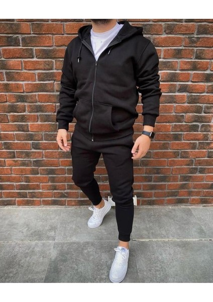 Unisex Baskısız Yeni Sezon Pamuklu Kapşonlu Fermuarlı Ceket Eşofman Altı 2li Set