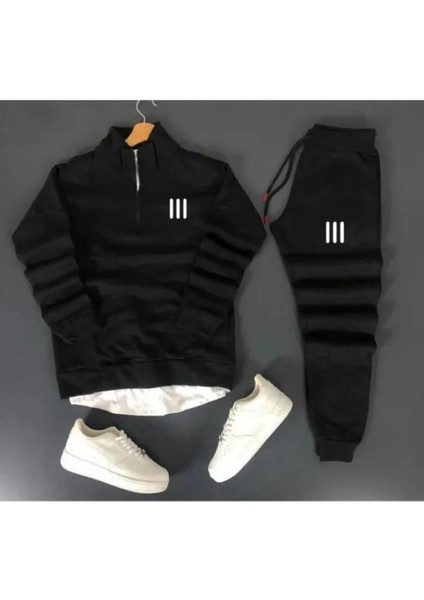 Unisex Üç Çizgi Baskılı Yarım Fermuarlı Sweatshirt-Eşofman Altı Set Kombin