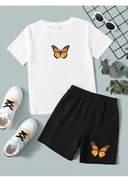 Unısex Kelebek Baskılı Tişört Şort Takımı