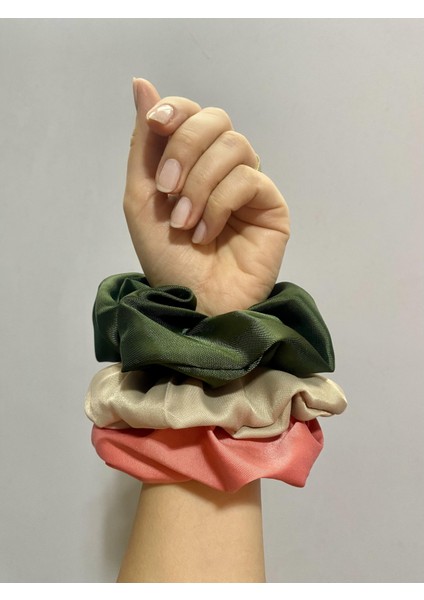 3'lü Scrunchie Saten Lastikli Toka Somon Krem Haki