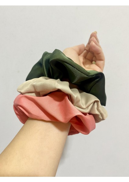 3'lü Scrunchie Saten Lastikli Toka Somon Krem Haki