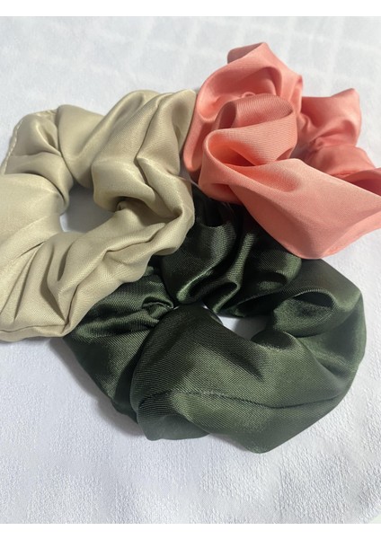 3'lü Scrunchie Saten Lastikli Toka Somon Krem Haki