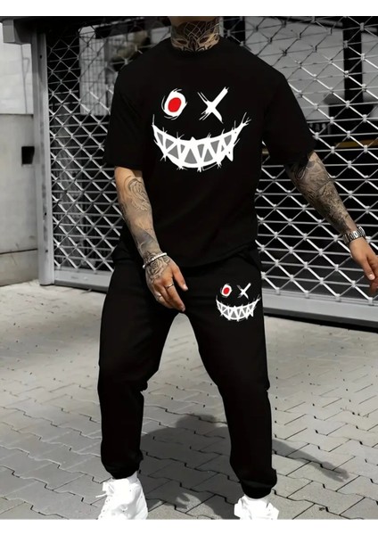 Oversize Gülen Yüz Baskılı Original Ünisex Yazlık T-Shirt ve Eşofman Altı 2 Li Set Combin Takım