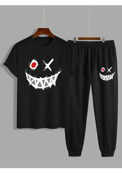 Oversize Gülen Yüz Baskılı Original Ünisex Yazlık T-Shirt ve Eşofman Altı 2 Li Set Combin Takım