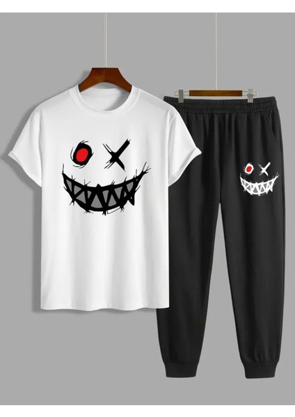 Oversize Gülen Yüz Baskılı Original Ünisex Yazlık T-Shirt ve Eşofman Altı 2 Li Set Combin Takım