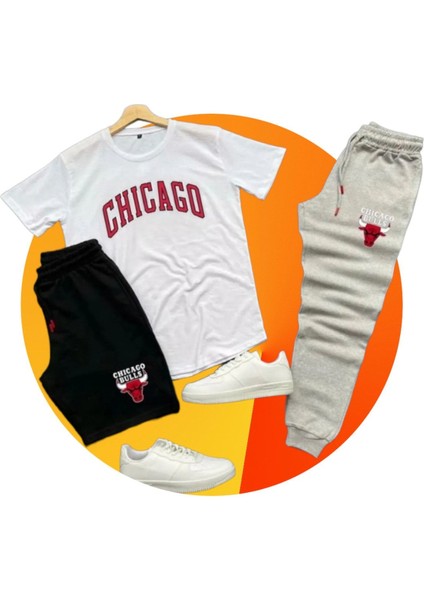 Chicago Baskılı Ünisex Yazlık Şort T-Shirt Eşofman Altı 3 Lü Set Combin Takım Gri