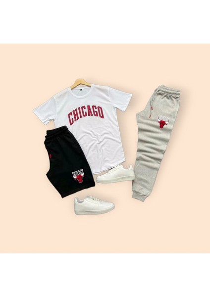 Chicago Baskılı Ünisex Yazlık Şort T-Shirt Eşofman Altı 3 Lü Set Combin Takım Gri fiyatları